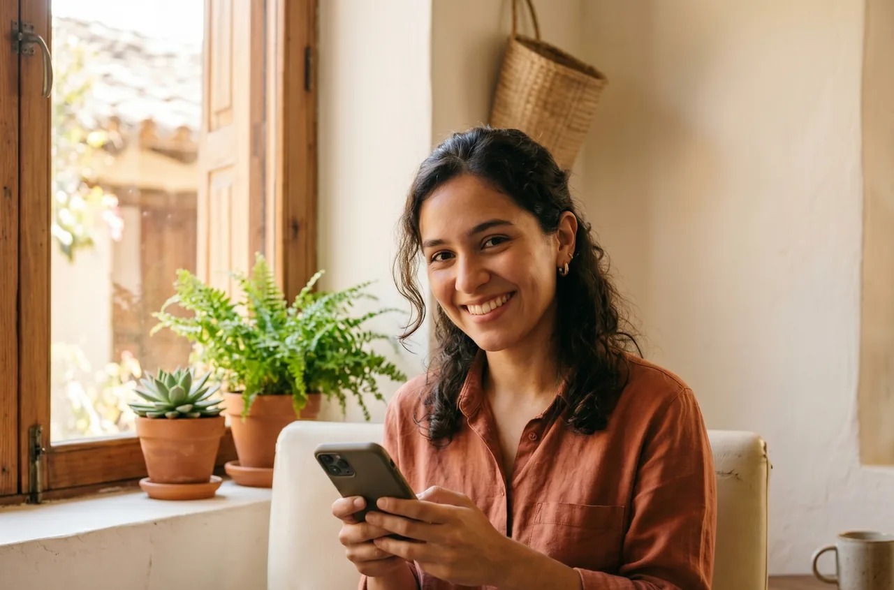 Pessoa sorrindo enquanto aprende guarani com o app Guaranive no celular